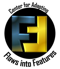 Logo with a black circle with a blue capital "F" adjacent to a yellow upside down capital "F" with the words Center for Adapting Flaws into Features encircling the black circle