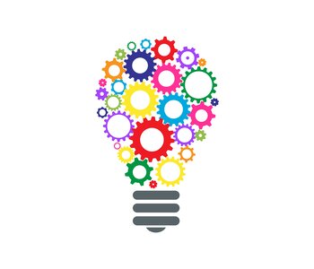 Illustration of a lightbulb with multi-colored gears where the glass should be