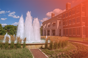 Photo of the fountain outside the Alice Campbell Alumni Center on campus