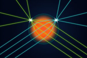 Graphic showing an orange sphere with lines passing through it, illustrating a spherical lens that allows light coming into the lens from any direction to be focused into a very small spot on the surface of the lens