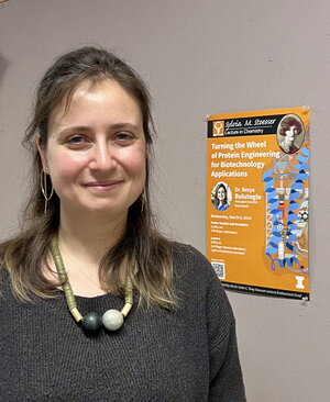 Head shot of Beyza Bulutoglu next to the event poster.