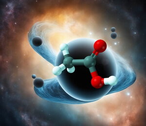 Illustration showing a black spherical shape with black and red dots on a deep space looking background